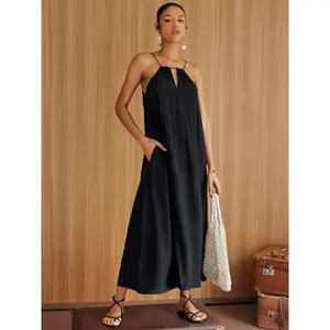 Cider [2 colors, size 0-26] Woven V-neck Solid Knotted Maxi Dress