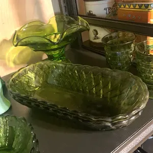 Vintage Indiana Glass Avocado Green Pretzel Pattern Celery Dishes(2) Tableware Oval Stylish