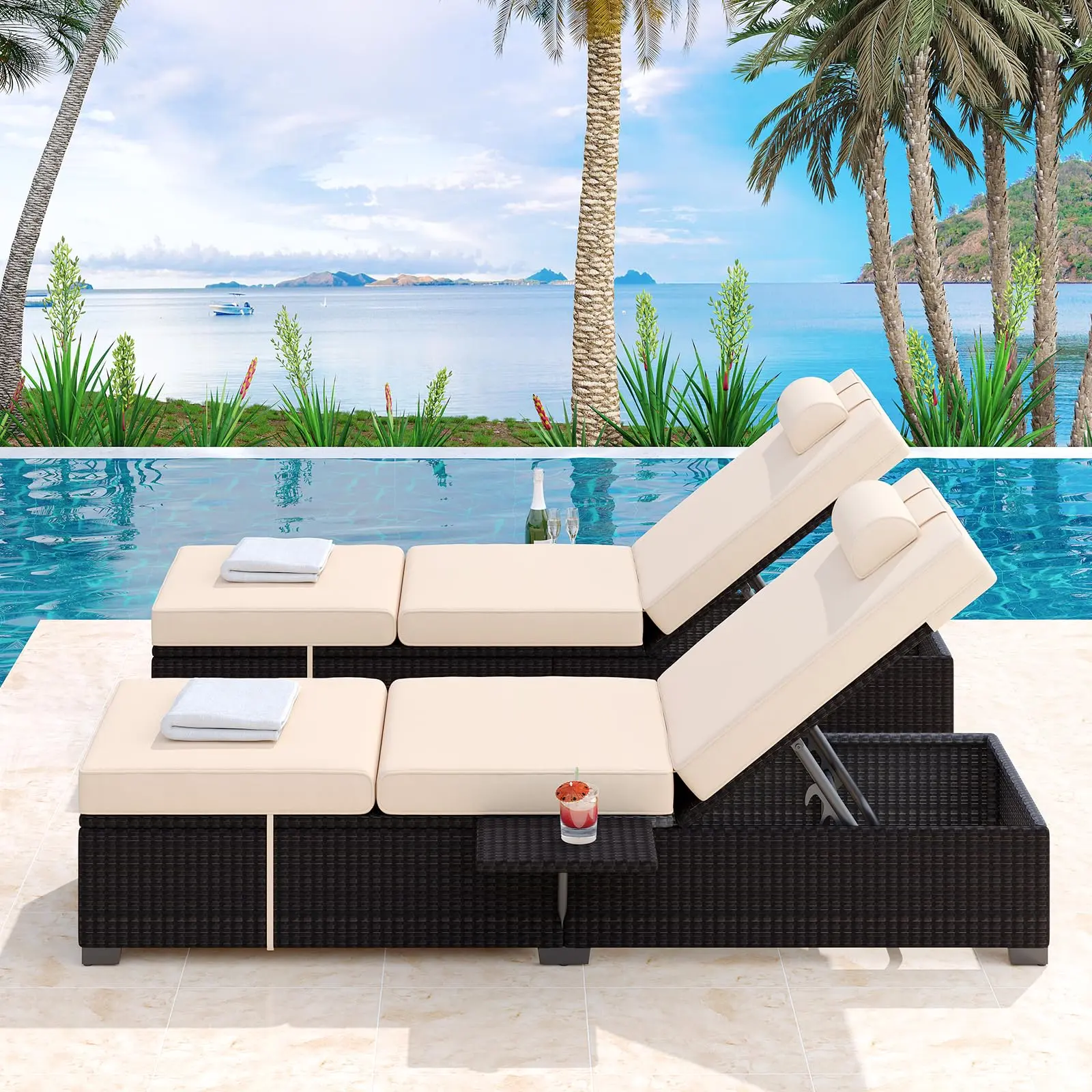 【DealsForYouDays】GARVEE Patio Lounge Chairs,Outdoor PE Wicker Chaise Lounge Set of 2,Chaise Lounge Chair Outdoor，Pool Furniture,Brown Rattan Recliners with Adjustable Backrest,Storage Table
