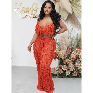 summer spring clothes Sexy Crochet Tassel Two Piece Sets for Women Beach Wear Fishnet Halter Lace Up Crop Top and Pants Holiday Rave Festival Outfit Light Womenswear Check Suits Gamis Trouser