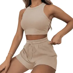 Women's 2-Piece Waffle Knit Lounge Set - Crop Tank Top & Drawstring Shorts Outfit