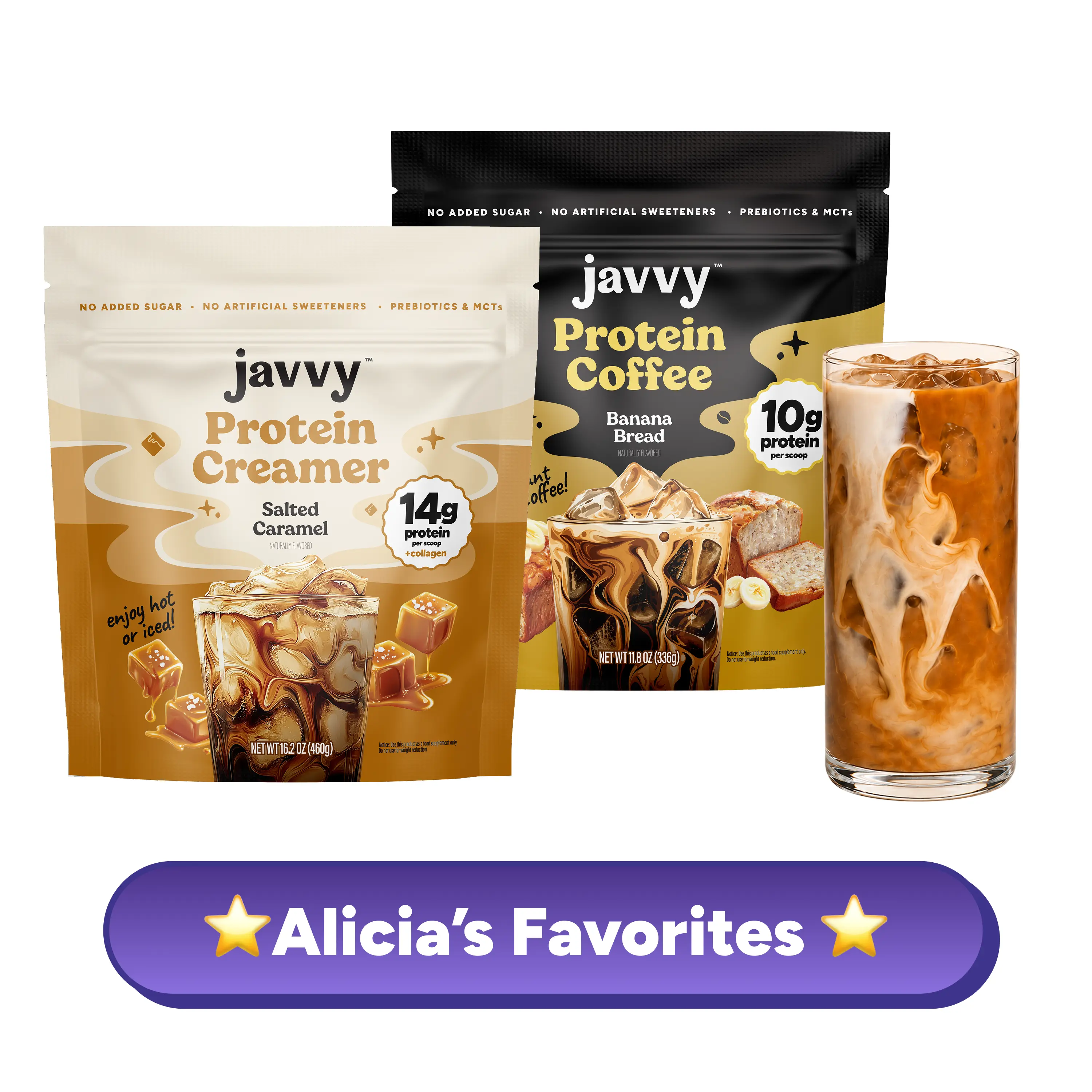 Javvy TikTok Exclusive Bundle - Alicia's Favorites Duo: Banana Bread Instant Iced Coffee Drink Mix + Salted Caramel Protein Creamer, No Added Sugar, Protein and Collagen