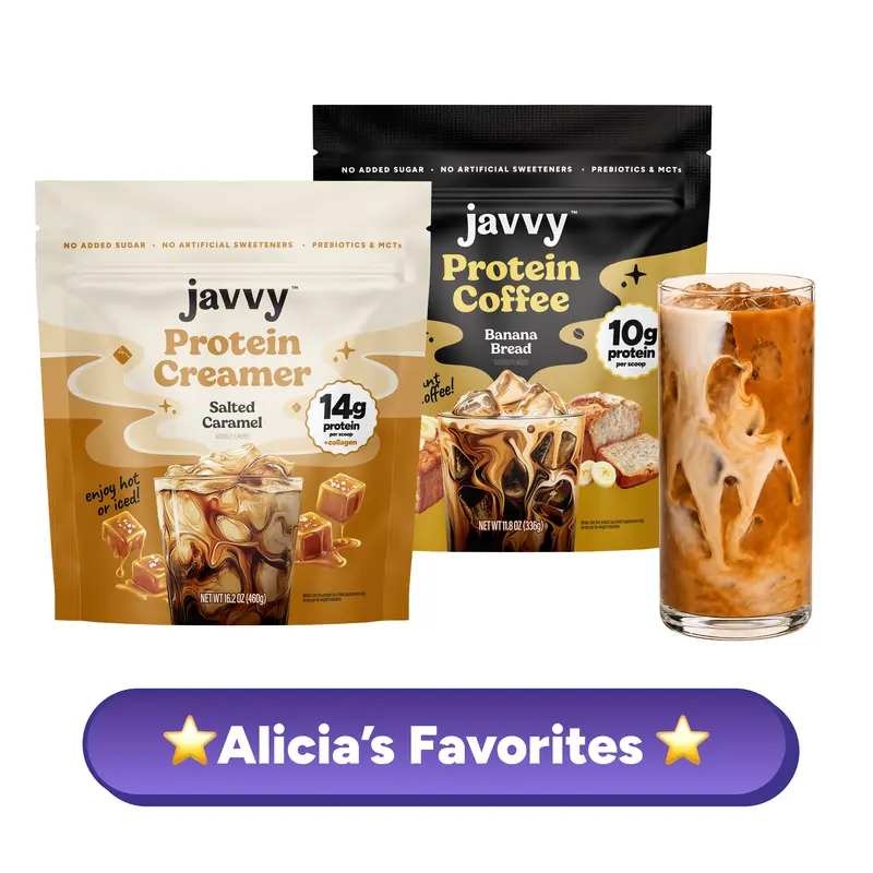 Javvy TikTok Exclusive Bundle - Alicia's Favorites Duo: Banana Bread Instant Iced Coffee Drink Mix + Salted Caramel Protein Creamer, No Added Sugar, Protein and Collagen