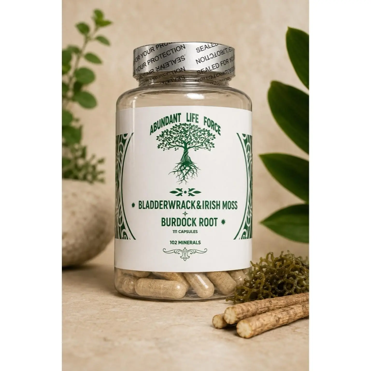 Abundant Life Force Seamoss Capsules with Bladderwrack Burdock Root & Irish Moss 102 Minerals 100 Capsules