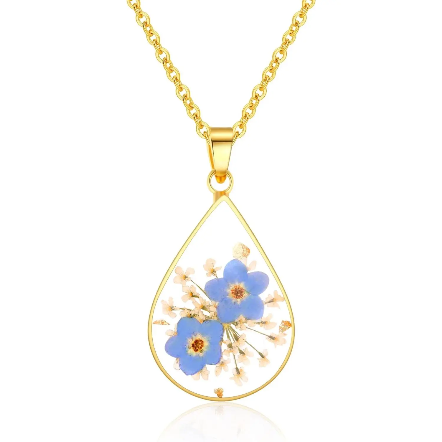 ForgetMeNot & Queen Anne's Lace Pressed Wildflower Mustard Seed Necklace, Vintage Nature Textured Emboss Birth Month Real Flower Jewelry, Gold-Silver Chain Jewelry Necklaces, Easter Gift For Her, 1 Piece