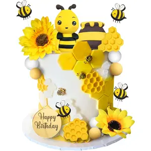 17 pcs bee cake topper happy bee day cake topper honeycomb sunflower cake decoration for baby shower birthday party supplies