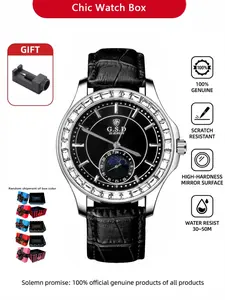 Men's Fashion New Trendy Belt Moon Phase Rhinestone Business Casual Watch, Waterproof Quartz Wristwatch, Gift for Commuting Valentine's Day Birthday