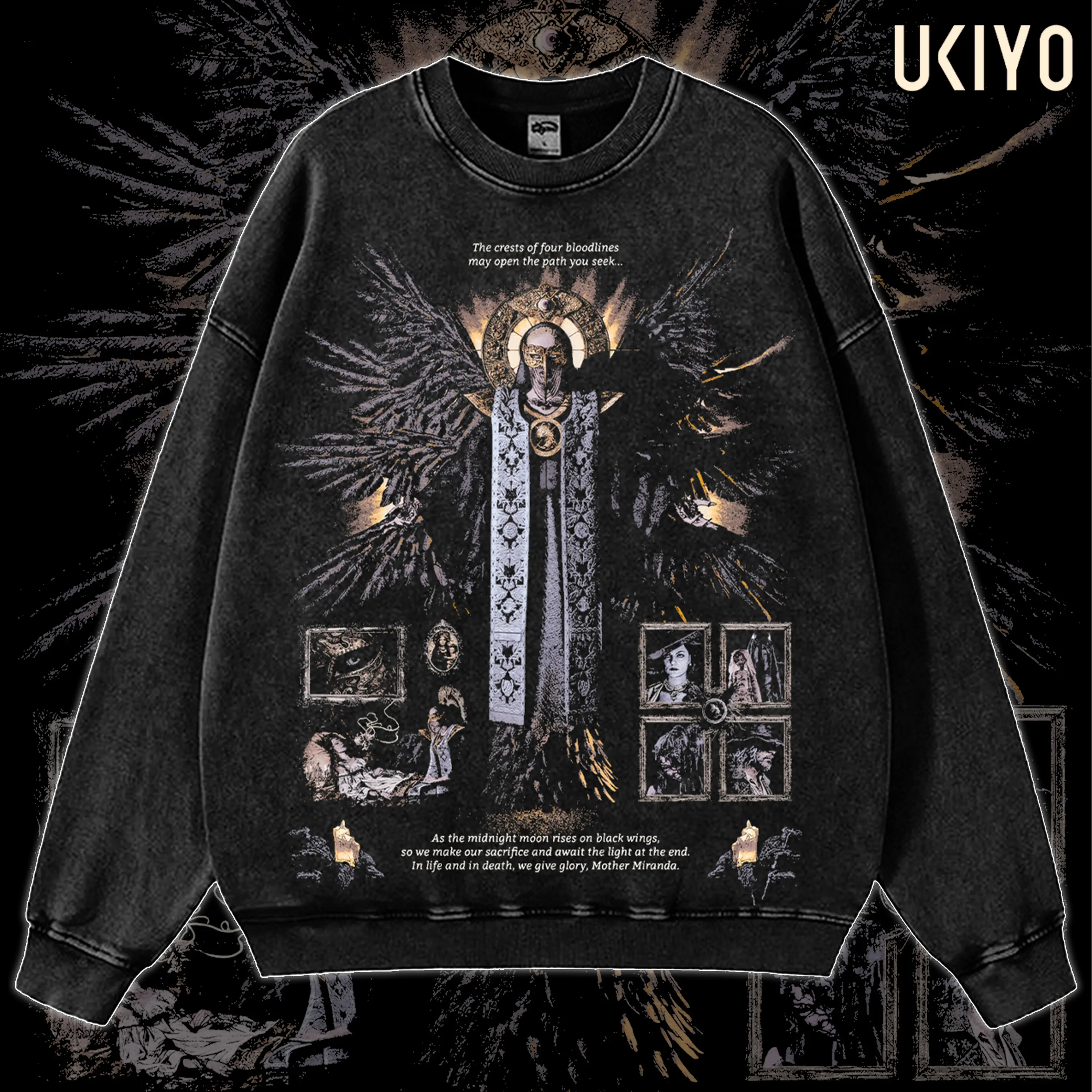 Vintage Resident Evil Village Mother Miranda Shirt Oversized Graphic Tee Washed Black Cotton Sweatshirt Gothic Horror Streetwear Top for Men Women Casual Womenswear Day Everyday Fit Hoodie Soft Style Piece Crewneck Long Sleeve Round Neck
