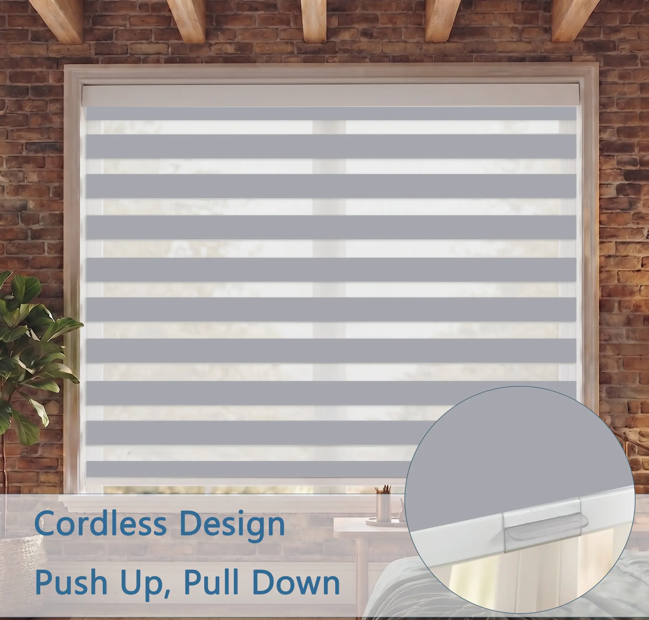 Cordless Zebra Blinds for Windows, 20"-92" Wide, Up to 72" Height (Adjustable), Dual-Layer Light Filtering Grey, Kid & Pet Safe