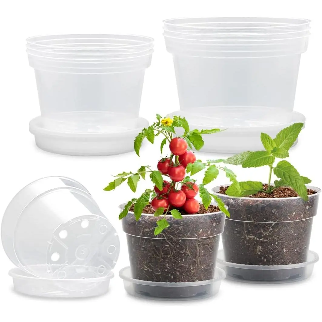 9 Pack 8/7/6 Inch Clear  Pots for  with Saucer, Transparent Plastic  Pots with Drainage Holes, Sturdy Seedling Starter Pot, Garden Planter Pot for    Vegetables