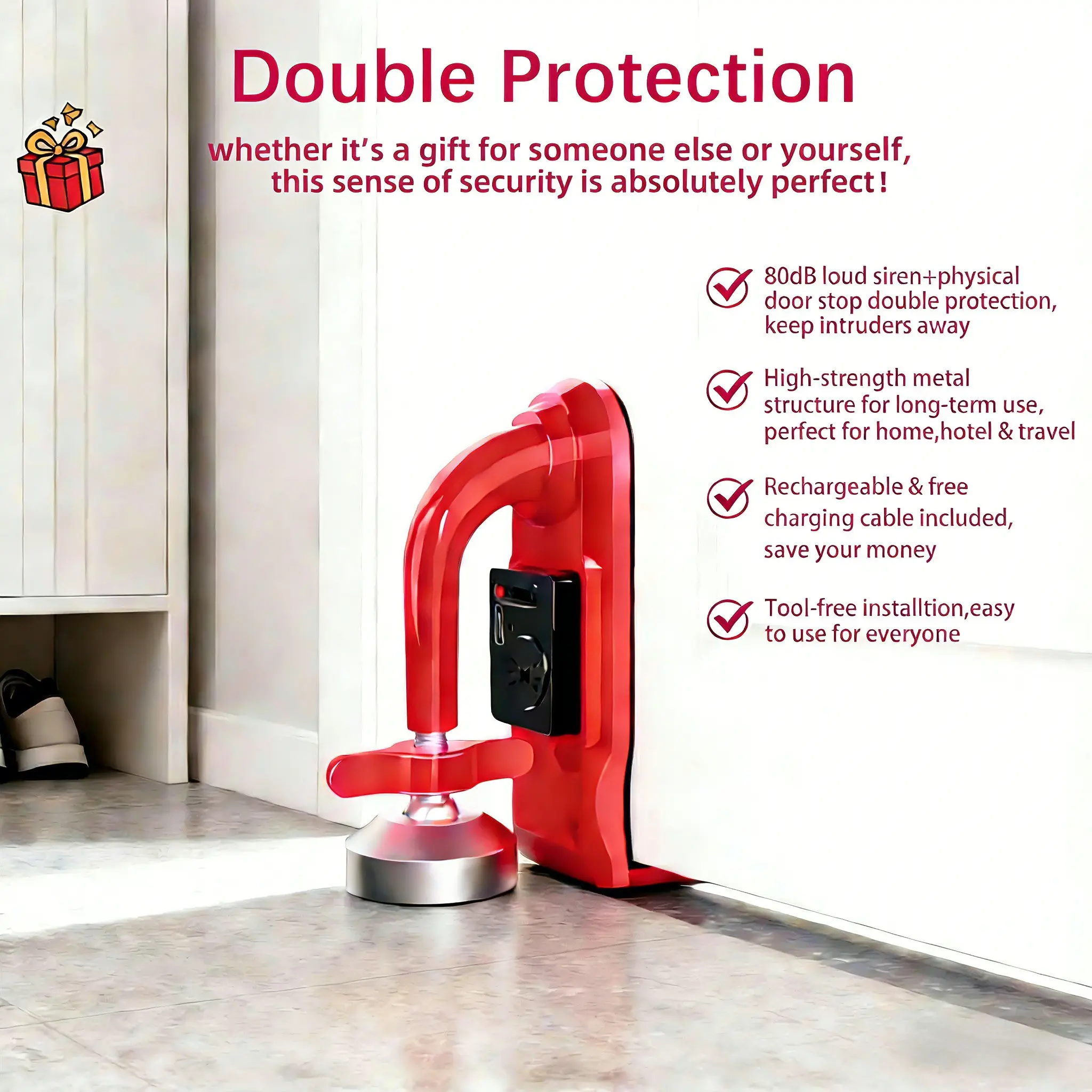 Portable Door Stopper Alarm with 80Db Siren, Dual Protection, Door Protector, Anti-Theft Universal Fit Security Wedge, High-Strength Metal, Free Charging Cable, Easy Installation, Easter Gift Idea, Guard for Peace of Mind at Home, Hotel, Travel