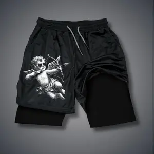 Unisex Cherub Angel Cupid Vintage Aesthetic Sarcastic Vintage Sports Shorts – Double-Layer Athletic Shorts with Elastic Waistband, Comfortable Summer Streetwear - For Loose Fit, Choose One Size Up