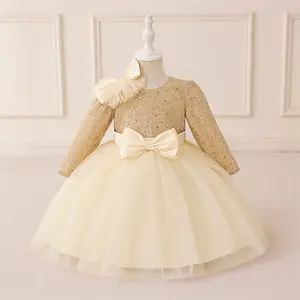 6M-3Y Champagne 21 Anniversary Baby Girls Clothes Infant Birthday Cocktail Sequins Bow Mesh Dress Toddler Pageant Newborn Ball Gown Princess Baptism Frock