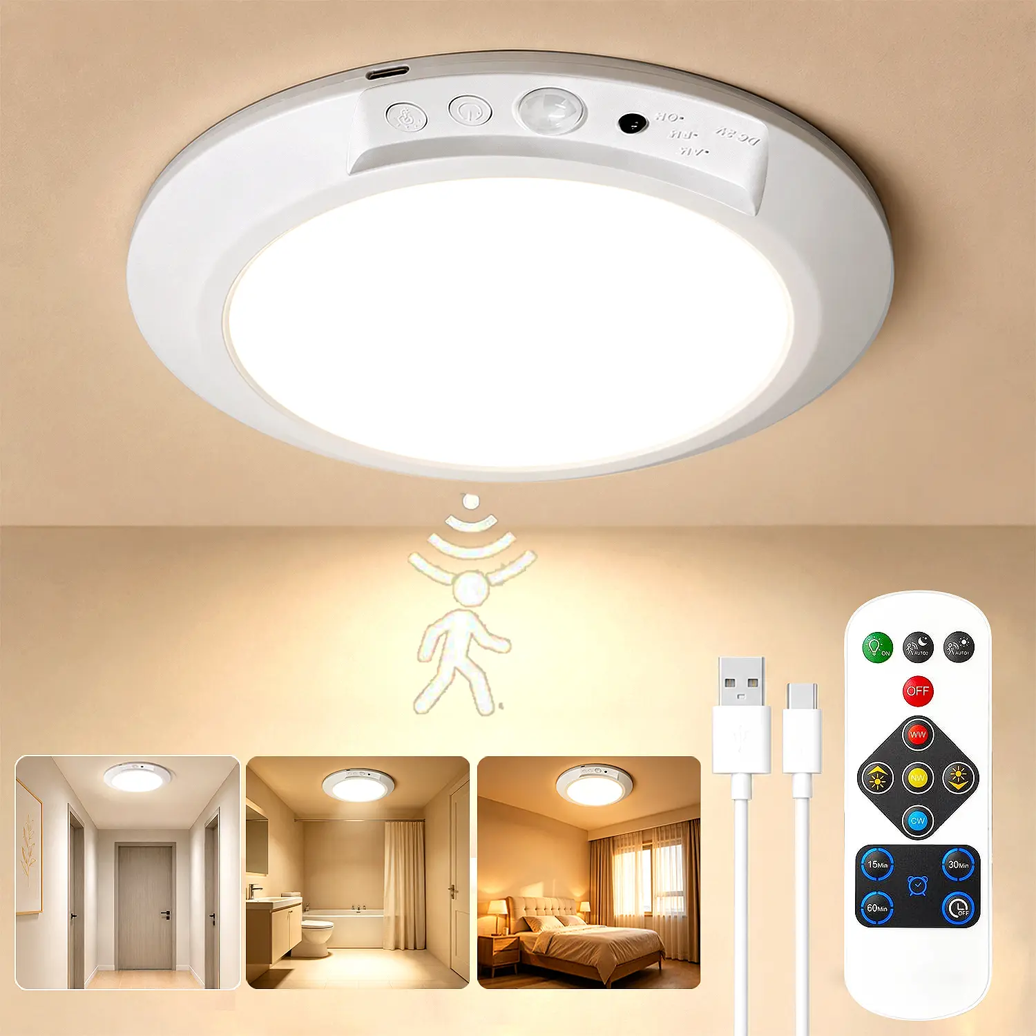 【Summersale】Motion Sensor Ceiling Light – Motion Sensor Auto Light Up, Rechargeable LED, No Wiring Super Bright Overhead Lamp with Remote, 3-Color Dimmable for Closet, Shower, Hallway & Anywhere, summerwins