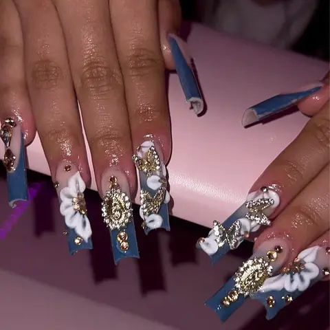 Flower & Butterfly Decor Fake Nails Kit, 24pcs/set Glossy Full Cover Press on Nails for Women & Girls DIY Nail Art, Elegant Stick on Nails Kit with Nail Art Stickers Nail Charms Wedding Nails, Decorative Nails, Nail Design Kit