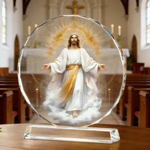 Sacred Heart of Jesus Crystal Plaque, UV Printed Christian Decor, Religious Gift for Believers, Clear Glass Jesus Ornament with Stand, 6.3" Diameter, 7.09" Height