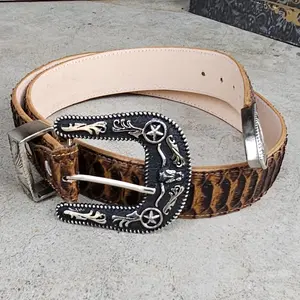 Men's Honey Brown  Imitation Python Leather Gold Looped Belt