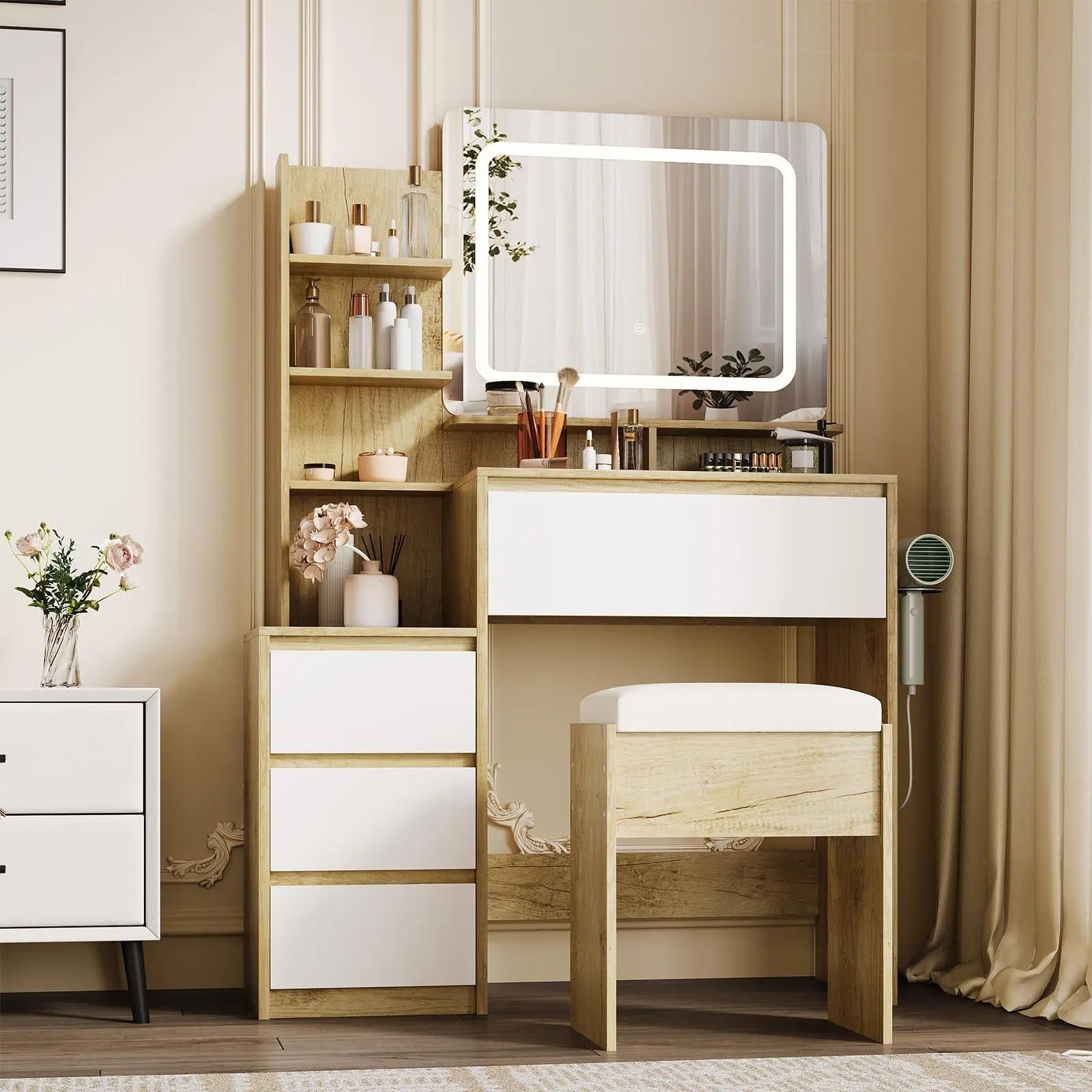 Modern Vanity Desk with LED Mirror & Adjustable Lighting, 36-Inch Makeup Table with 4 Drawers, Storage Shelves, Power Outlet, USB Ports, and Stool – Ideal Dressing Table for Bedroom