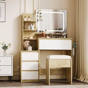 Modern Vanity Desk with LED Mirror & Adjustable Lighting, 36-Inch Makeup Table with 4 Drawers, Storage Shelves, Power Outlet, USB Ports, and Stool – Ideal Dressing Table for Bedroom