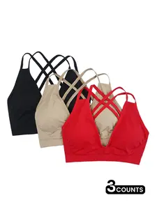 Women's Solid Criss Cross Sports Bras, Breathable Comfortable Push Up Fitness Bra, Ladies Sportswear for Indoor Outdoor Wear, Gym Clothes, Cross Back Bra