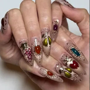 Handmade Gemstone Press On Nails | 3D Jewel Charms, Metallic Gold Frames & Crystal Shine | Stiletto Nails For Luxury Royal Vibes