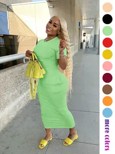 2026Women's Elastic Plain Midi Dress, Breathable Short Sleeve Fitted Long Skirt, Casual Party Travel Wear, Summer Fashion