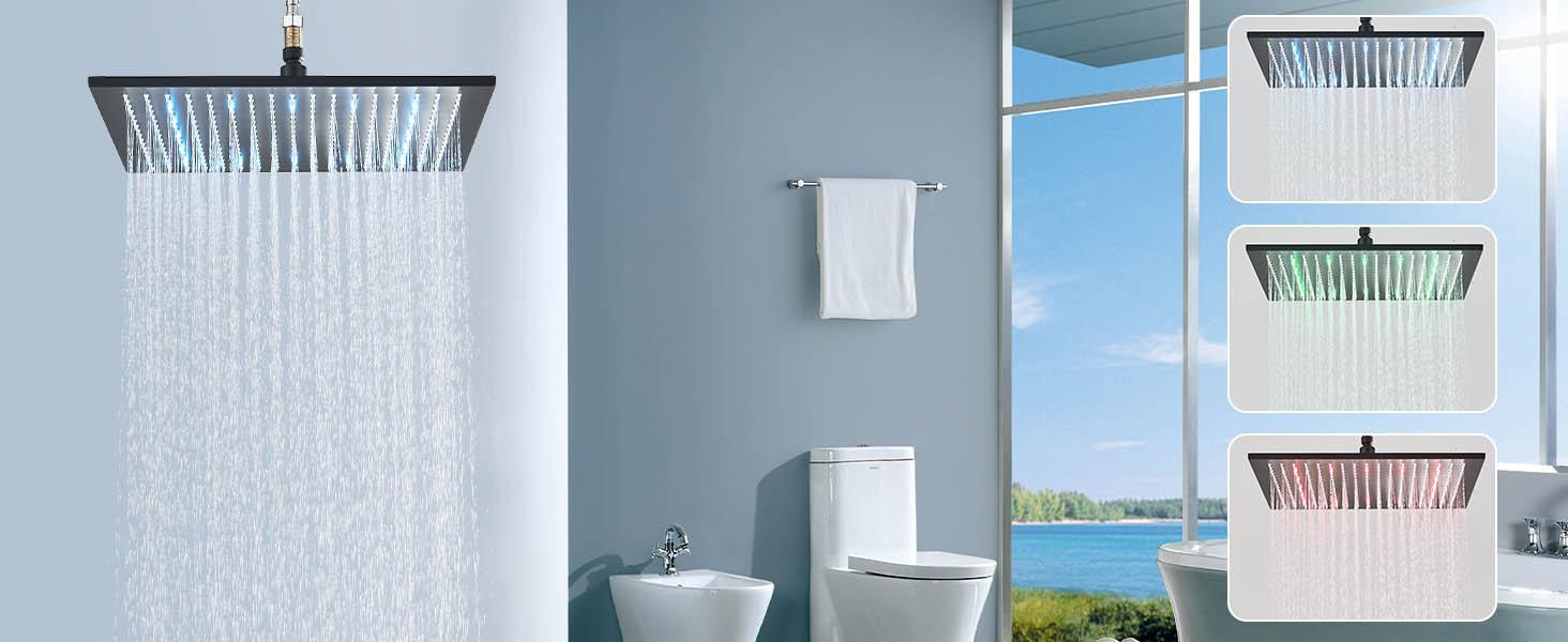 LED Rainfall Shower Head 12/16 Inch High Pressure Rotatable Ball Anti-Leak Easy Install for Water Temp Control Modern Square Matte Black Stainless Steel