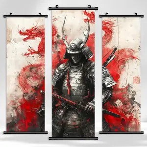 3-Piece Hanging Banner Set, Ink Wash Style Artistic Samurai & Dragon Art Poster, Cool Character Design, Modern Living Room Decor, Waterproof Printing