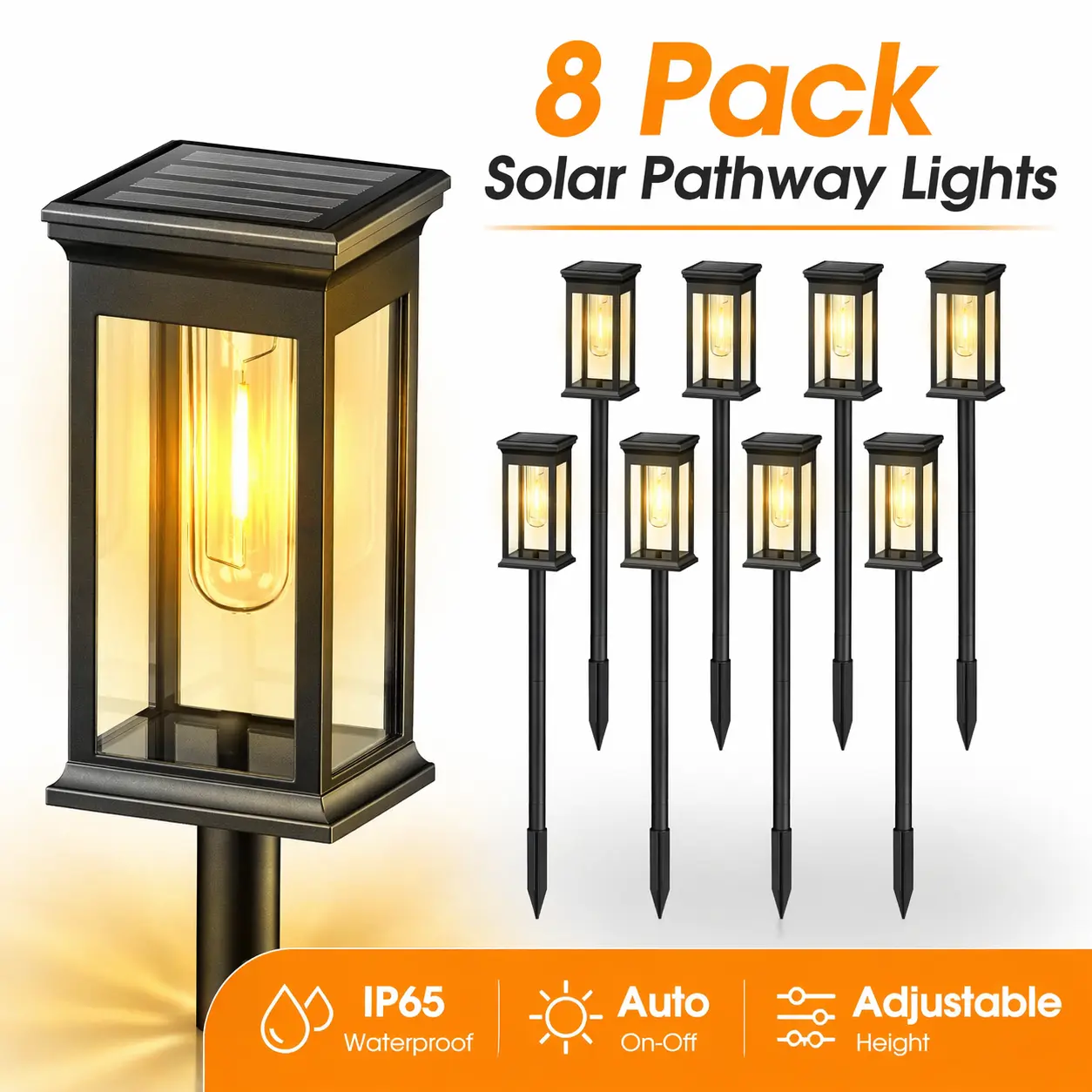 APZZLOXH Solar Outdoor Lights, 2/4/6/8/12-Pack Waterproof LED Pathway Lights with Adjustable Height, Auto On/Off for Walkway, Patio, Lawn