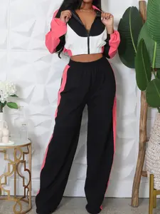 Women's Long Sleeve High Neck Patchwork Colorblock Short Coat Jacket, Casual Fitted Sporty, Fall & Winter Fashion Set