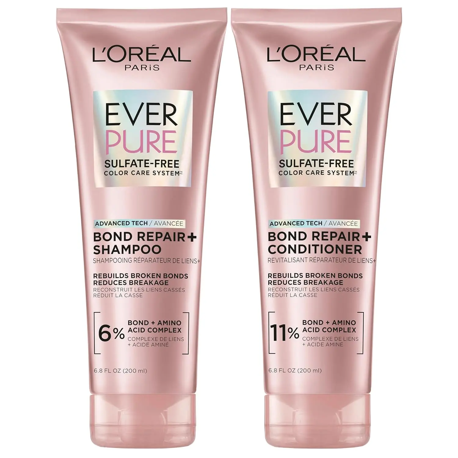 L'Oreal Paris Sulfate Free Bond Repair+ Shampoo and Conditioner Set with Bond + Amino Acid Complex, Strengthens and Repairs Damaged or Color Treated Hair, EverPure, 13.6 Fl Oz Set (Packaging May Vary)