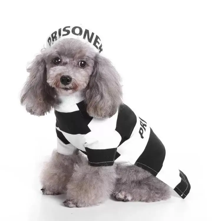 212 MAIN Retro-Inmate Theme Striped Polyester Dog Costume Uniform, Black & White Bold Design, 2-Piece Set, Easy Wear, Hook Closures, Machine Washable, Halloween All Seasons Animal Suit Costumes - Medium
