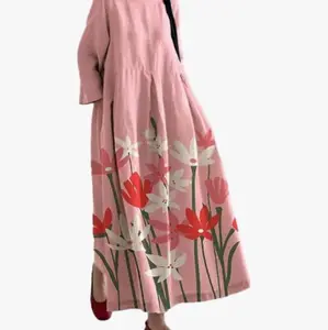Women's Boho Maxi Dress Soft Pink Floral Printed Crewneck Long Sleeve Casual Vacation Loose Flowy Dress | MUST PURCHASE AT https://amzn.to/3QDucUD