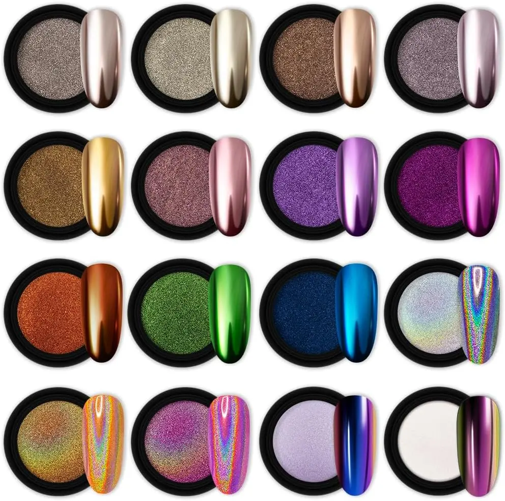 16 Jars Chrome Nail Powder Nail Art Fimo 1g/Jar Gold Mirror | Striping Tape Lines Decoration Holographic Aurora Chameleon Pigment 1g/Jar Pearl for Resin Craft & Nail Art