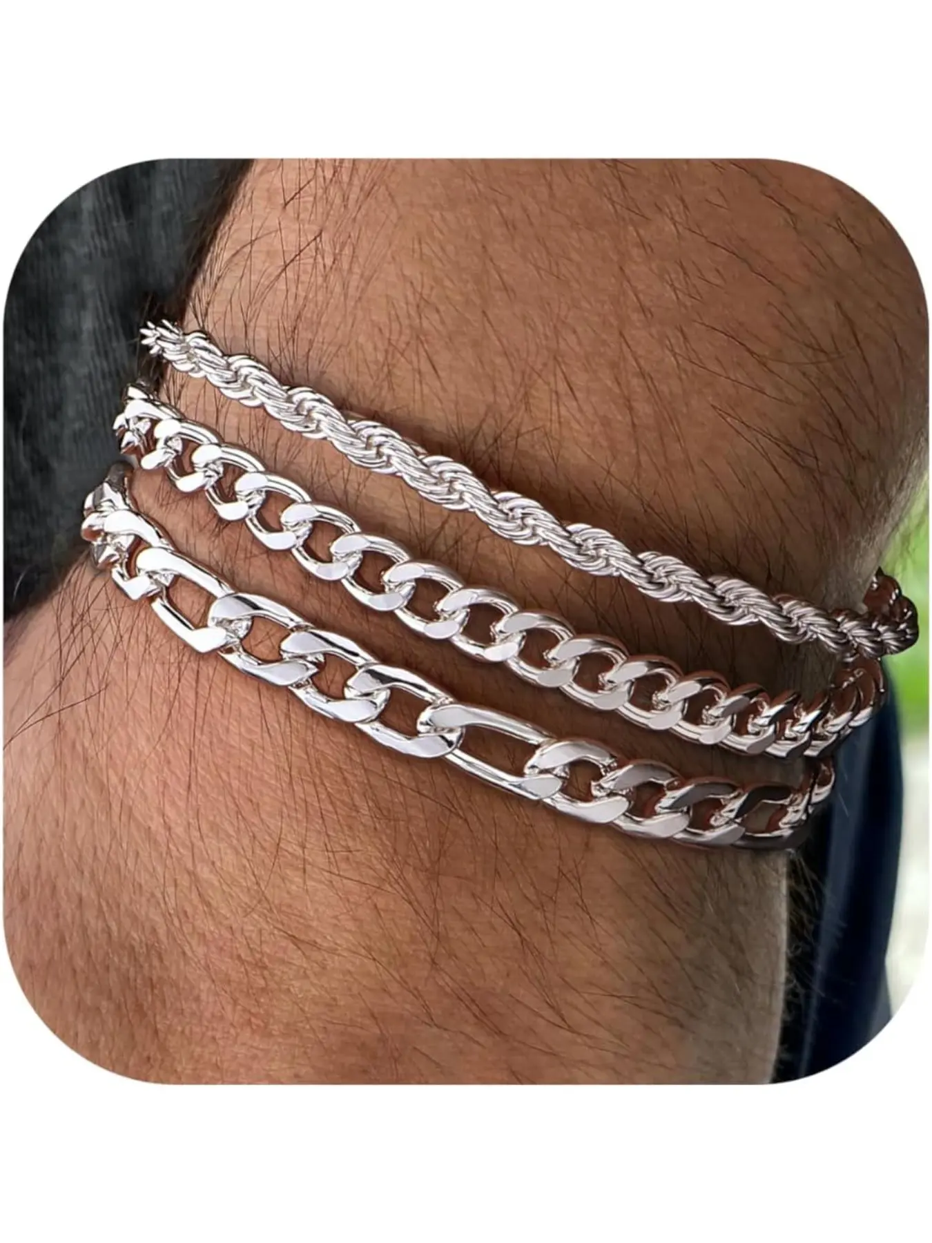 3Pcs Chain Bracelets for Men, 316L Stainless Steel Figaro Rope Cuban Link Bracelet for Men Women Gold/Silver, Gifts for Dad Husband 6.5/7/7.5/8.3/9 Inches, Chunky Chain Bracelet, Metal Bracelet