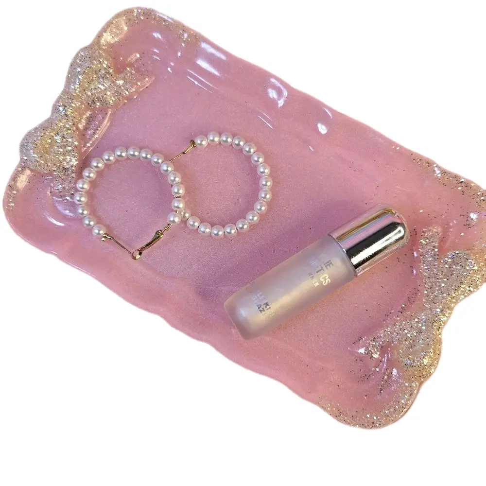 7.63" x 4.21" Rectangle Pink & Silver Glitter Epoxy Resin Vanity Tray - Waterproof Beauty Organizer, Makeup Organizer Box with Sparkling Bows, Glam Storage for Earrings & Accessories, Gift for Coquette Enthusiasts
