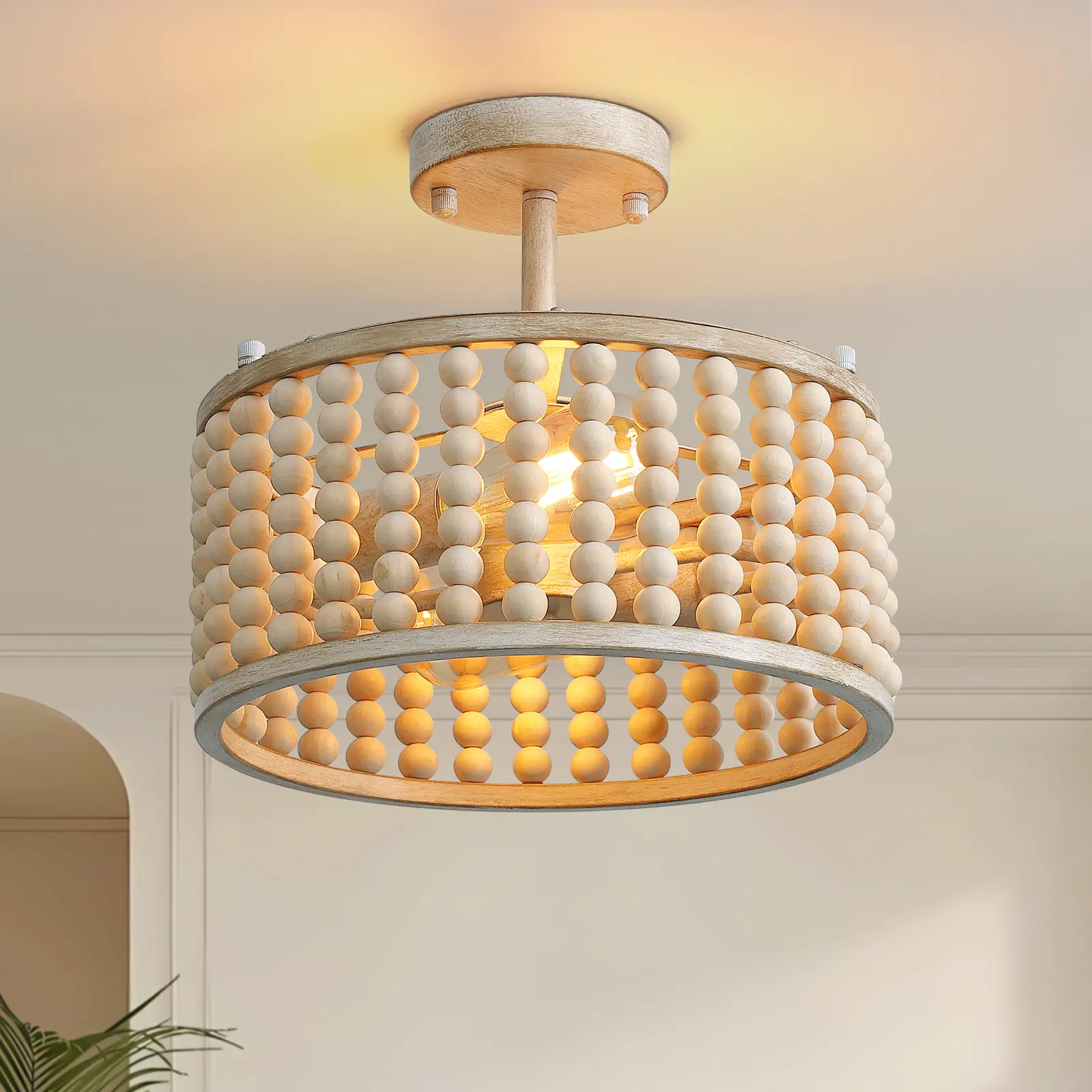 Bohemia Wood Beaded Flush Mount Ceiling Light Antique Rustic Mini Chandelier Wood Finishing for Bedroom,Nursery Room, Girl Room, Hallway, Entryway, Passway, Dining Room, 2-Light