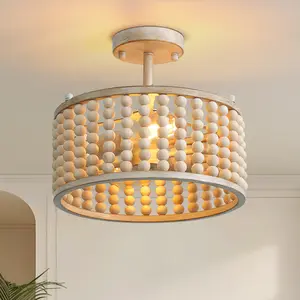 Bohemia Wood Beaded Flush Mount Ceiling Light Antique Rustic Mini Chandelier Wood Finishing for Bedroom,Nursery Room, Girl Room, Hallway, Entryway, Passway, Dining Room, 2-Light