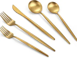 Matte Gold Silverware Set, 40-Piece Stainless Steel Flatware Set, Tableware Cutlery Set Service for 8, Satin Finish Utensils Set, Knife Fork Spoon Set