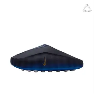 Black-Blue Gradient Mule Slides, Gold Accent, Silver-Grey Cushioning Massage Outsole, Perforated Upper, Futuristic Tech Slides