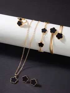 6pcs/Set Stylish Clover Pendant Necklace, Bracelet, Ring, Earrings meaningful exquisite body bridal Flower Link Bracelet all-season girls gift gold-tone finish summer beach all-match Fashion trendy friendship party gift Vintage Elegant Jewelry Set