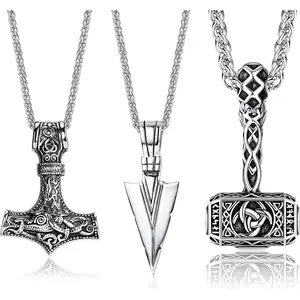 Milacolato 3Pcs Stainless Steel Men's Necklace Viking Thor Hammer Triangle Spearpoint Arrowhead Mjolnir Pendant Chain Vintage Viking Jewelry for Men