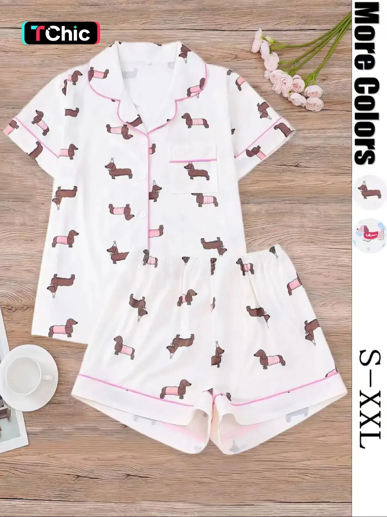 Women's All Over Dachshund Print Shirt & Elastic Waist Shorts Pyjama Two-piece Set, Casual Comfy Short Sleeve Collared Top & Shorts PJ Set, Ladies Sleepwear for All Seasons, Loungewear, Pajama Set, Pajamas