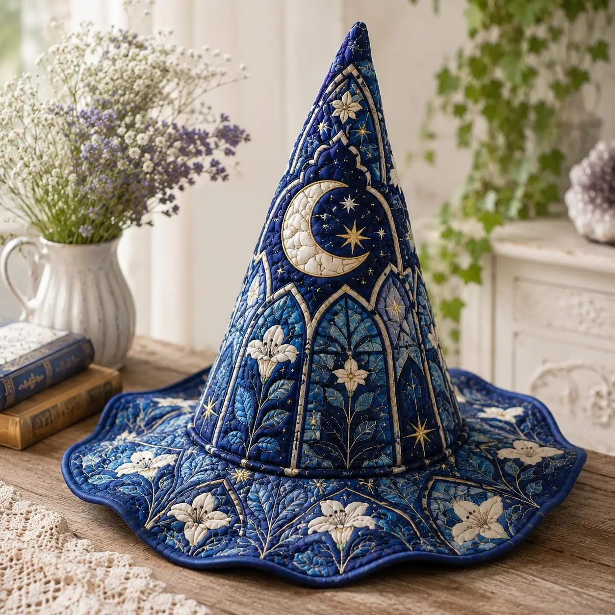Blue Celestial Halloween Hat Centerpiece with Crescent Moon & Floral Print – Gothic Cottagecore Table Decor, Fabric Display & Mystical Gift