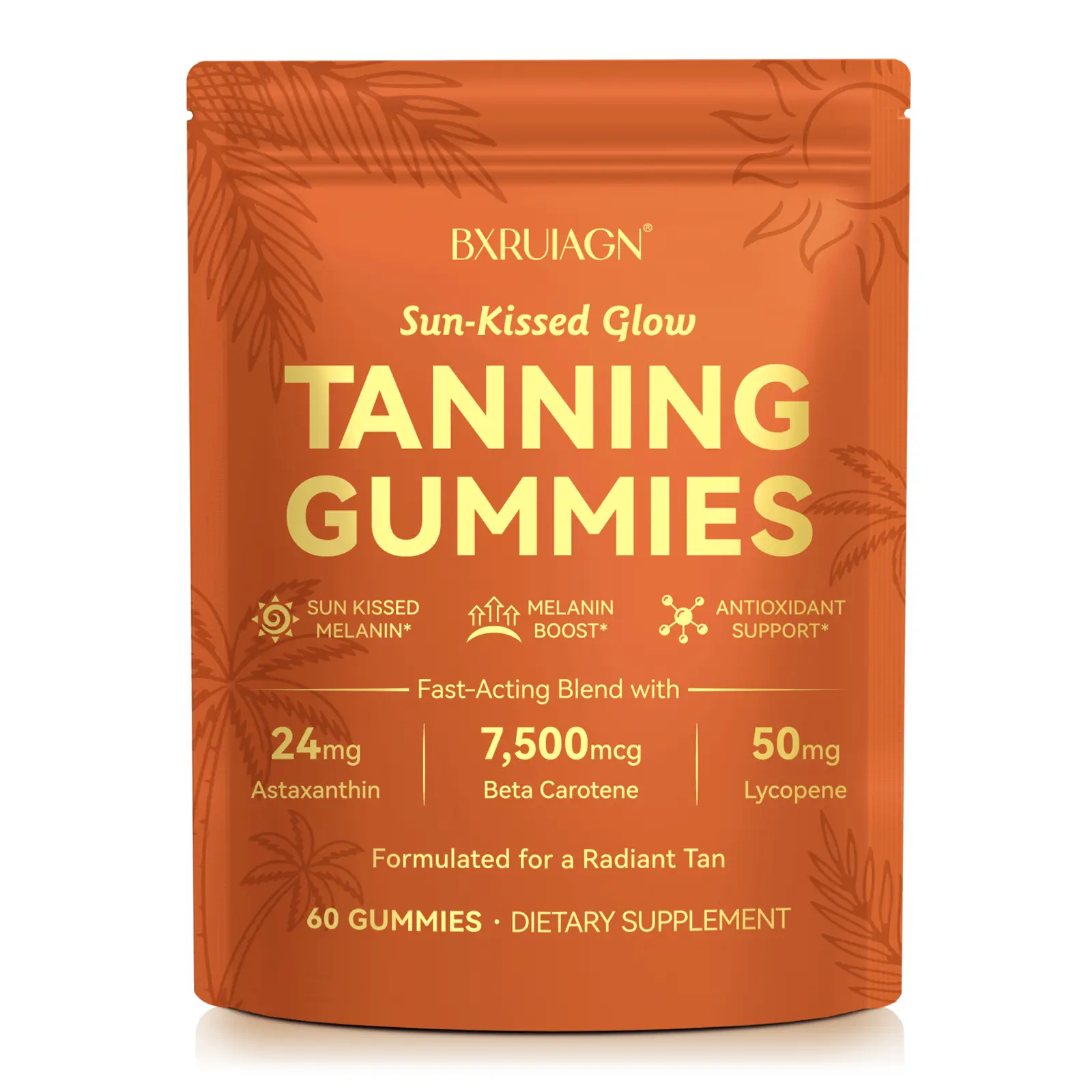 BXRUIAGN 10-IN-1 Astaxanthin Tanning Gummies - Sugar-Free Edible Cosmetic Skin Care Supplements for Adults, Sun-Free Radiant Sun-Kissed Natural Tan Melanin Support, Easy to Carry, No Water Needed, 60 Count