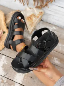 2026 New Thick Sole Roman Sandals, Cross Strap Metal Buckle, Open Toe, Fashionable All-Season Footwear, PU Upper, Rubber Sole
