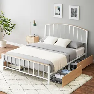 【Christmas Gift】White Double bed Queen Size Platform Bed Frame With 4 Storage Drawers On Wheels Queen Platform Bed Frame With Headboard And Footboard, Mattress Foundation With Metal Slats Support, No Box Spring Need