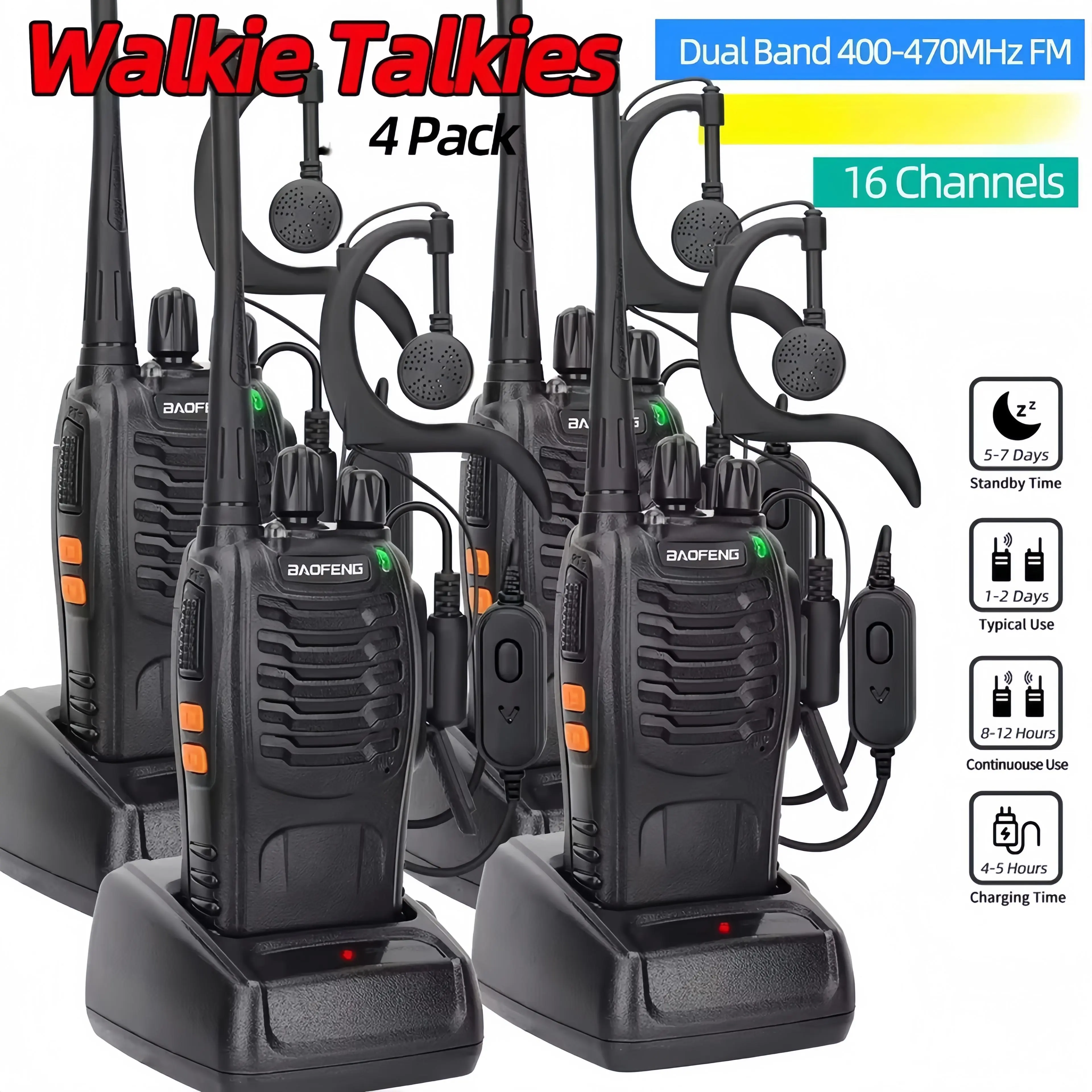 Baofeng BF-888S Walkie Talkies (2-6Pcs) - UHF 400-470MHz Long Range 2-Way Ham Radios Transceiver with Rechargeable Audio Headset, Plug-In Sound for Hunting, Hotel Use