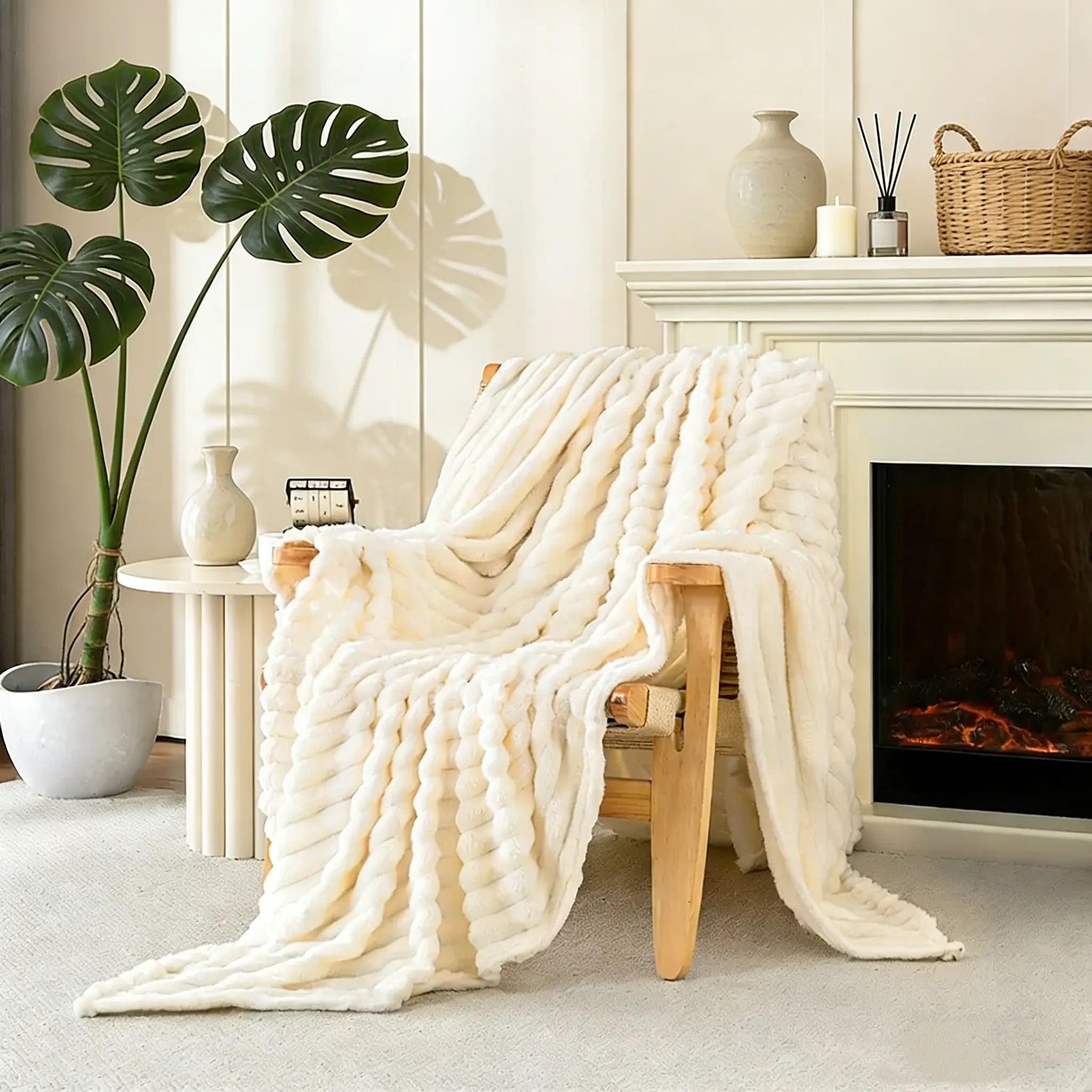 Fleece Throw Blanket for Couch & Sofa, 300GSM Soft Warm Fluffy Cream White Striped Machine Washable Blanket, Lightweight Cozy Chic Blanket, Decorative & Giftable for Women & Men, Decorative Giftable Blankets, Stylish Blanket