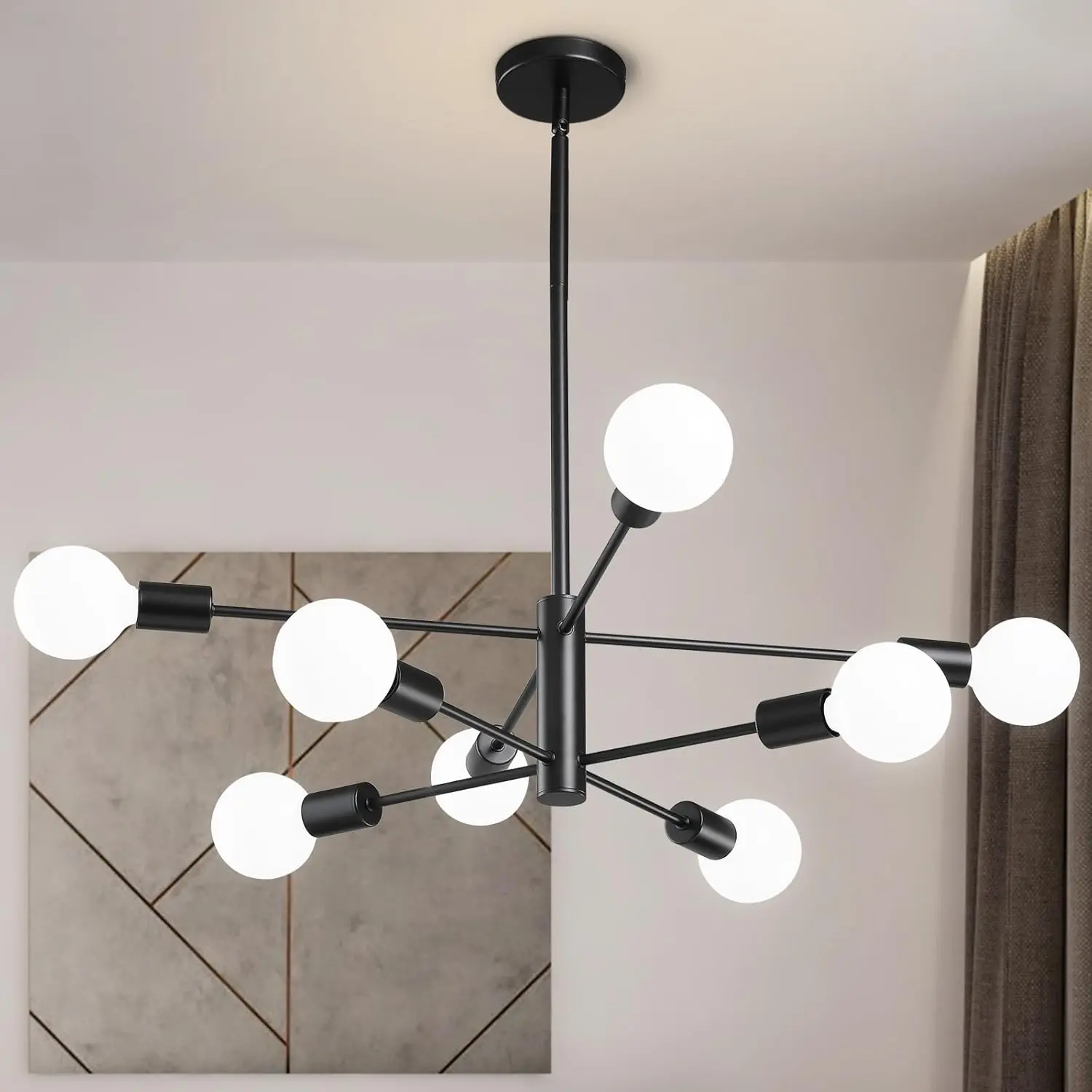 Mupoo Modern Iron Sputnik Chandelier, 6/8-Light Black Height Adjustable Ceiling Light with 8 E26 Bases, 16.9 Inches Min Height for Dining Room, Bedroom, Living Room